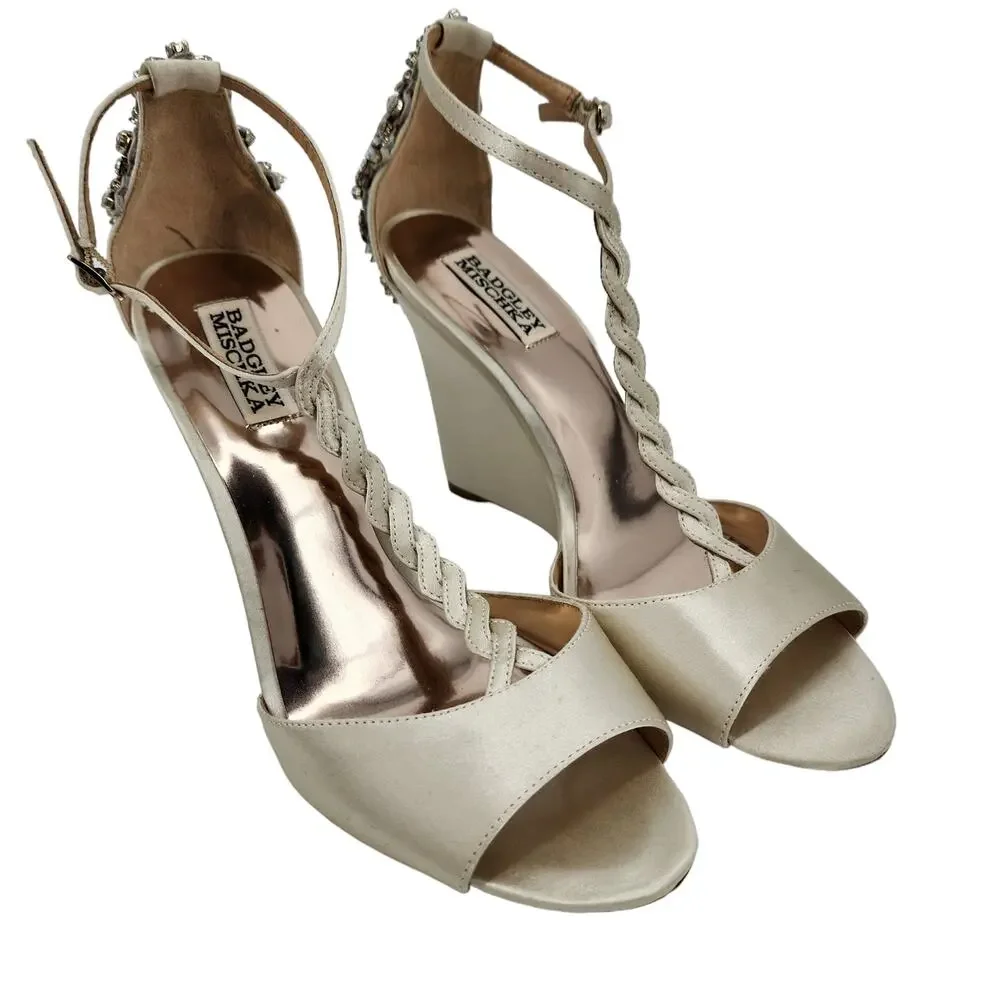 Badgley Mischka Jeweled Satin Braided T-Strap Bridal Slim Wedge Pumps Size 9